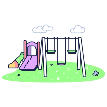 An empty playground is visible, featuring a series of swings that are gently moving as if swayed by a light breeze. The swings are suspended from sturdy metal frames, casting elongated shadows on the ground below. Nearby, there are colorful climbing structures and slides, slightly weathered but intact. A soft layer of grass covers the ground, and a few scattered leaves indicate the season. The sky above is clear, allowing natural light to illuminate the scene, creating a tranquil atmosphere.
