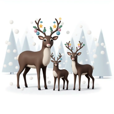 A family of three reindeer stands together in a snowy forest. The largest reindeer has impressive antlers adorned with colorful festive ornaments, including glowing star shapes and shimmering baubles. The medium-sized reindeer also has antlers decorated with tiny bells and ribbon, while the smallest reindeer features simple ornaments, such as holly leaves and berries. Snow gently falls around them, creating a serene atmosphere, as they gaze curiously at the viewer. Each reindeer has a thick brown fur coat, and their eyes are bright and expressive.