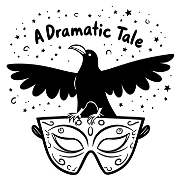 A raven with outstretched wings is prominently featured in the center of the image. The raven is perched on an ornate theater mask, which displays intricate details and textures. Behind the raven, a backdrop filled with numerous stars creates a sense of vastness. The words "A Dramatic Tale" are displayed in bold letters above the raven, while the name of the theater is elegantly inscribed at the bottom. Surrounding the scene, delicate swirling patterns suggest movement and drama.