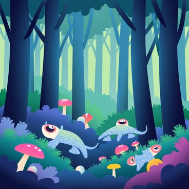 A dense forest is filled with tall trees that emit a soft bioluminescent glow in shades of blue and green. The forest floor is covered with lush ferns and colorful mushrooms that also have a faint bioluminescence. Strange creatures with shimmering scales and large, expressive eyes move gracefully among the trees. Some creatures have luminescent patterns on their bodies, while others appear to blend in with the vibrant colors of the forest. The scene is illuminated by the ethereal light from the trees, creating a magical and otherworldly atmosphere.