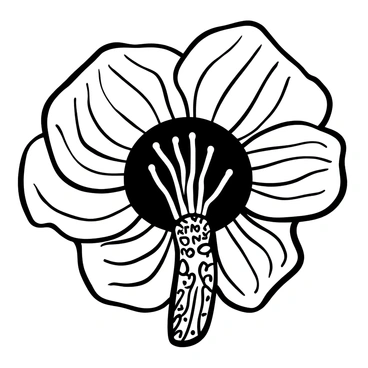A cross-section view of a "corpse flower" displaying its intricate internal structure. The large, fleshy petals are arranged in a spiral pattern, revealing the textured, dark interior. In the center, there is a cluster of long, slender reproductive organs. Surrounding the reproductive organs are layers of veiny, fleshy tissue. A few small, scattered seeds are visible among the internal compartments. The background features simple outlines to emphasize the details of the flower's anatomy.