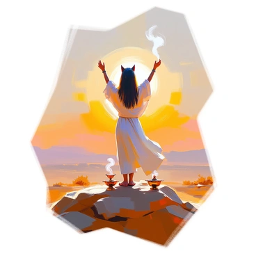A figure representing "Sekhmet," a woman with feline features, stands on a hilltop, raising her arms towards the rising sun. She wears a flowing, intricately patterned garment that billows gently in the morning breeze. The sun is just peeking over the horizon, casting a warm, golden light that highlights the contours of the landscape. Below the hill, a vast expanse of desert stretches out, dotted with sparse vegetation. In her other hand, she holds a small, ornate incense burner, from which wisps of fragrant smoke rise into the air. The atmosphere is filled with a sense of reverence as she offers a prayer, her expression one of devotion and connection to the divine.