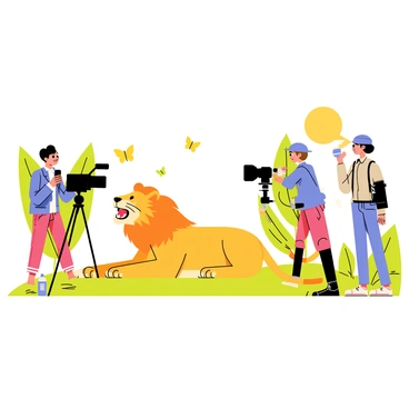 A camera crew is capturing footage of a lion lounging comfortably on a grassy patch. The lion has a relaxed posture, resembling that of a house cat, with its front paws stretched out and a slight yawn revealing its sharp teeth. The crew consists of three individuals: one holding a camera on a tripod, another adjusting the microphone, and the last one watching intently through a monitor. Bright sunlight filters through the trees surrounding the scene, and a few butterflies flutter nearby, adding a touch of whimsy to the setting. A water bottle and a backpack lie on the ground, indicating the crew's presence in this wild yet serene environment.