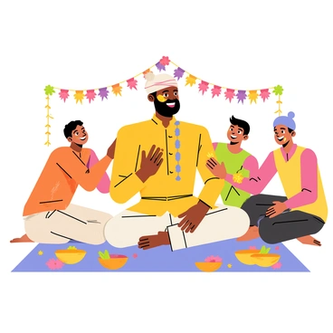 A groom wearing a traditional outfit, with a joyful expression on his face, is sitting cross-legged on a decorative mat. His friends, smiling and laughing, are playfully smearing bright yellow haldi paste onto his face and arms. The scene is filled with vibrant colors, featuring floral garlands hanging in the background. There are bowls of haldi and flowers scattered around, adding to the festive atmosphere. The friends are dressed in colorful attire, enhancing the celebratory mood of the ceremony.