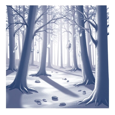 A dense forest filled with tall trees, each tree trunk is sturdy and textured. The branches stretch outward, and instead of traditional leaves, they are adorned with numerous glass ampoules hanging delicately. The ampoules are diverse in shapes and sizes, some bulbous and others slender, with various lengths suspended from the branches. Sunlight filters through the forest canopy, creating dappled patterns on the forest floor below. The ground is covered in soft moss, with scattered leaves and small rocks visible among the greenery. There are subtle signs of wildlife, such as small hoofprints and a few birds perched on the branches.