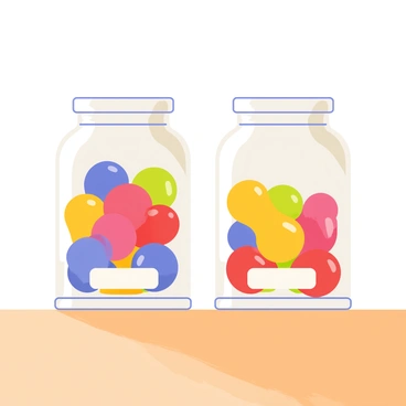 Two glass jars are positioned side by side on a wooden table. The first jar is filled with a variety of marbles in vibrant colors, including red, blue, and yellow, showcasing a balanced mix of each color. The second jar contains marbles of similar hues, but in different proportions, such that the overall ratios of colors in both jars appear equivalent. Bright light shines down, creating reflections on the jars' surfaces, highlighting the glossy textures of the marbles inside. Each jar has a label at the front, indicating the colors contained within.