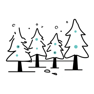 A group of snow-covered trees stands tall in a forest setting. The trees have thick trunks and branches, all blanketed in white snow. Emerald accents are scattered on the branches, resembling small decorations. The ground is covered in a thick layer of snow, with the occasional footprints marking the path. A light dusting of snowflakes is falling gently, creating a sense of tranquility.