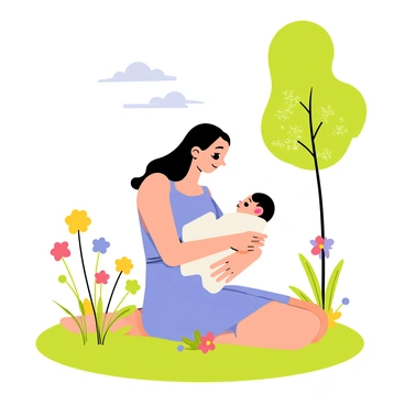 A mother sitting on a bright green grass patch, gently breastfeeding her baby. She has long flowing hair and is wearing a light blue sundress. The baby, wrapped in a soft white blanket, is peacefully latched onto her. Surrounding them are colorful wildflowers in shades of yellow, pink, and purple. A few fluffy white clouds drift in the clear blue sky above them. In the background, a tall tree provides dappled sunlight filtering through its leaves.