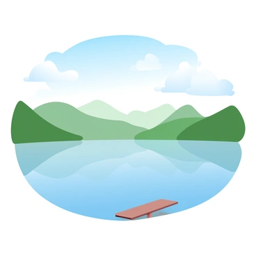 A tranquil lake is surrounded by lush green hills that roll gently in the background. The surface of the lake is smooth, mirroring the vibrant colors of the landscape. Above, a clear blue sky stretches expansively, with a few soft, wispy clouds scattered throughout. The sunlight glints off the water, creating shimmering highlights that enhance the peaceful atmosphere. A small wooden dock juts out into the lake, inviting viewers to imagine stepping closer to the serene setting.