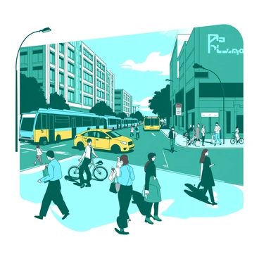 A teal busy street during rush hour is filled with crowds of people walking briskly. Some individuals are carrying briefcases, while others are holding smartphones. Various vehicles, including yellow taxis and blue buses, are maneuvering through the intersection, creating a sense of motion. The scene captures a vibrant atmosphere, with pedestrians waiting at the curb and cyclists weaving through traffic. Streetlights are illuminated, casting light on the dynamic urban environment.