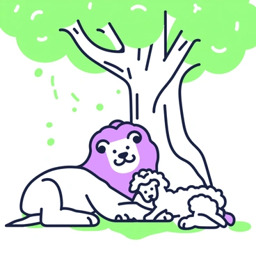 A lion and a lamb are sitting side by side under a large tree with a thick trunk and sprawling branches. The lion has a majestic mane, and its body is relaxed as it leans slightly towards the lamb. The lamb is fluffy and small, resting comfortably close to the lion. Sunlight filters through the leaves of the tree, casting dappled shadows on the ground around them. The scene conveys a sense of tranquility as both animals appear calm and content in each other’s presence.