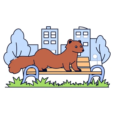 A pine marten with a glossy brown coat is perched on a city park bench. The bench is made of wood with metallic armrests, surrounded by lush green grass and scattered fallen leaves. In the background, there are tall city buildings and trees, creating a contrast between the urban environment and the wild animal. The marten has bright eyes, and its bushy tail curls around its body as it looks curiously at its surroundings.