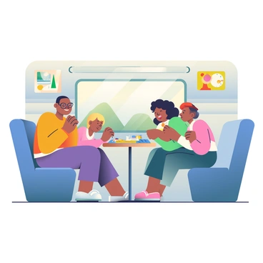 The interior of an RV features a cozy setting with a family gathered around a small wooden table playing board games. There are four family members: a father with short brown hair and glasses, a mother with long curly black hair, and two children, one with blonde hair and the other with brown hair, both smiling and engaged in the game. The table is adorned with a colorful board game and various game pieces scattered around. Soft, warm lighting illuminates the space, highlighting the comfortable upholstery of the RV's seating area. On the walls, there are pictures of family vacations and a small window revealing a glimpse of greenery outside. The atmosphere is filled with laughter and excitement as the family enjoys their time together.