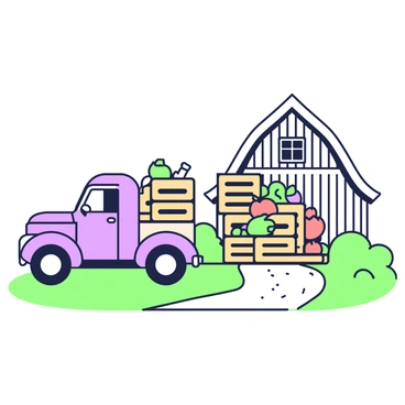 A 1950s delivery truck is parked beside a rustic farm. The truck has a rounded cab and a wide cargo area, showcasing its vintage design. Crates are piled high next to the truck, filled with various farm produce. The crates have a wooden texture, some slightly weathered and open, revealing colorful fruits and vegetables. In the background, there is a simple barn made of wooden planks, with a sloped roof and a small window visible. Green grass surrounds the farm, adding to the pastoral scene. A dirt path leads from the truck towards the barn, creating a sense of motion and connection between the elements.