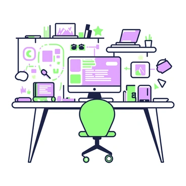 A modern tech workspace with sharp illustrations of computers, gadgets, and creative tools.