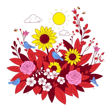 A red garden filled with various vibrant flowers in full bloom. The flowers include large yellow sunflowers and delicate pink roses, creating a lively atmosphere. Small insects, like butterflies and bees, are fluttering around the flowers, adding to the sense of activity. Bluebirds are perched on the green leaves, adding a cheerful presence to the scene. The sun is shining brightly, illuminating the colorful details of this lively garden.