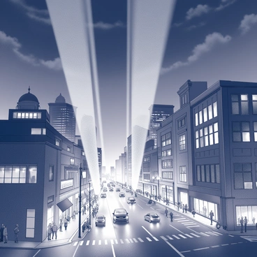 A bustling cityscape at night filled with tall buildings and illuminated windows. The streets are crowded with people and vehicles, creating a lively atmosphere. Beams of light are shining down from the sky, casting bright, clear rays onto the streets and buildings below. Streetlights and neon signs add to the illumination, enhancing the vibrant energy of the urban scene. The sky is dark with scattered clouds, allowing the beams to stand out prominently.
