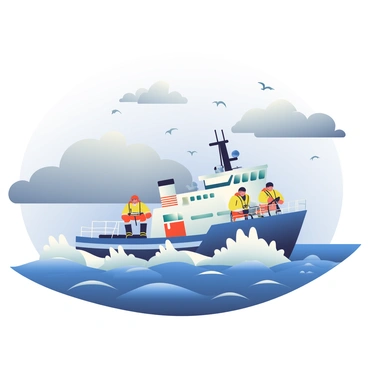 An oceanography research vessel is navigating through rough seas. The ship is equipped with various scientific instruments and has a white hull with blue accents. Waves are crashing against the sides of the vessel, creating splashes of white foam. Dark clouds are looming overhead, and the sky is filled with shades of gray. In the distance, a small group of seabirds is flying against the wind, and the water is a deep blue with whitecaps forming across the surface. The vessel's crew is visible on the deck, wearing bright yellow rain gear and working diligently to maintain control of the ship.