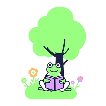 A frog with round glasses is sitting on a grassy patch beneath a large tree. The frog has a vibrant green body and is focused on a small book that rests in front of it. The book is open, and the frog appears to be engrossed in reading. The tree provides a wide canopy of leaves, casting dappled shadows on the ground. Nearby, a few colorful flowers are growing, adding detail to the serene setting. The scene captures the frog's curiosity as it interacts with the book, surrounded by nature.