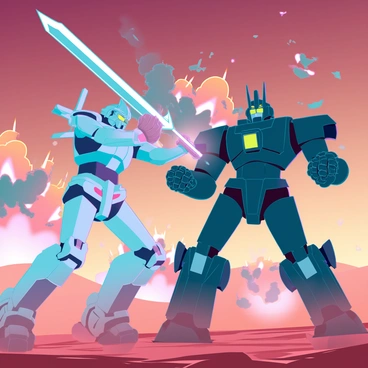 Two giant anime robots engaged in an intense battle in a vast desert landscape. The first robot is painted in vibrant blue and silver, with sharp angular features and glowing yellow eyes. It is swinging a massive sword made of energy at its opponent. The second robot has a more rugged appearance, with dark green armor and large metallic fists, ready to strike. Around them, clouds of dust are kicked up from their movements. Explosions burst from the ground, sending debris and flames into the air, creating a dramatic backdrop of chaos and energy. The sky is a deep orange, suggesting a setting sun, casting long shadows on the shifting sands of the desert.