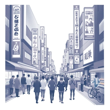 A busy street scene in Tokyo filled with various people walking. Tall buildings line the street, adorned with multiple bright neon signs featuring Japanese characters and logos. The sidewalks are crowded with pedestrians, some stopping to look at shop displays. A few bicycles are parked along the edge of the sidewalk. The atmosphere is lively, with a blend of individuals engaging in conversation and moving quickly along the bustling thoroughfare. Street vendors are present, adding to the vibrant activity of the scene.
