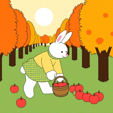 A rabbit girl with fluffy white ears and a small pink nose, wearing a green and yellow checkered dress, is bending down to gather bright red apples from the ground. She has a small wicker basket in her right hand, partially filled with apples. The orchard around her is filled with trees adorned with vibrant orange and yellow leaves, signaling the arrival of autumn. The sun casts a warm golden light over the scene, enhancing the colors of the apples and leaves. There are a few fallen apples scattered on the grass, and in the background, more apple trees create a cozy, orchard atmosphere.
