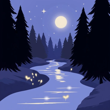 A winding river reflecting a soft, silvery glow from the full moon above. The water is surrounded by tall, dark trees casting shadows on the banks. Numerous ghostly fireflies are scattered above the river, their gentle lights creating a magical atmosphere. The fireflies illuminate a narrow path that runs alongside the water, guiding the viewer's eye along the serene landscape. The night sky is filled with a few scattered stars, adding to the enchanting scene.