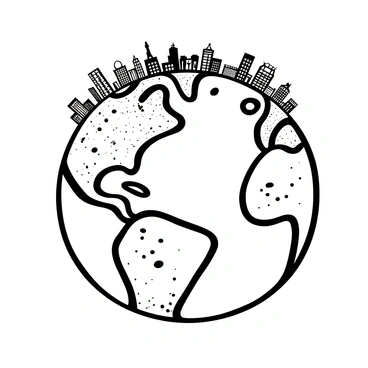 A detailed illustration of "Earth" with tiny "cityscapes" and "skyscrapers" dotting its surface. The planet features a textured surface that shows landmasses and oceans. Scattered across the globe are miniature urban environments, showcasing various shapes and sizes of buildings. The cityscapes include a mix of traditional and modern architecture, with rooftops and spires reaching upwards. The illustration captures the scale of the cities in contrast to the immense size of the planet.