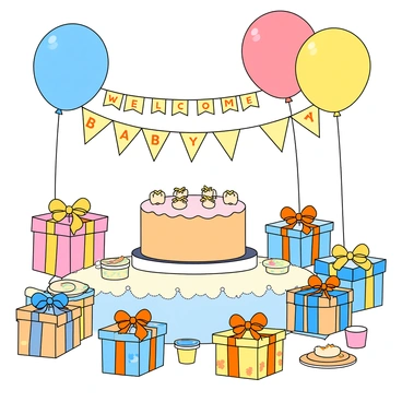 A lively baby shower scene filled with excitement. Colorful balloons in shades of blue, pink, and yellow are floating above the gathering, creating a cheerful atmosphere. A large, round cake sits on a decorated table, featuring pastel frosting and little baby-themed decorations on top. Surrounding the cake are several beautifully wrapped gifts in various sizes and bright patterns, all adorned with ribbons and bows. There are small tables set up with plates and cups, each featuring playful designs. The background has a banner that reads "Welcome Baby" in cheerful letters, adding to the festive vibe.