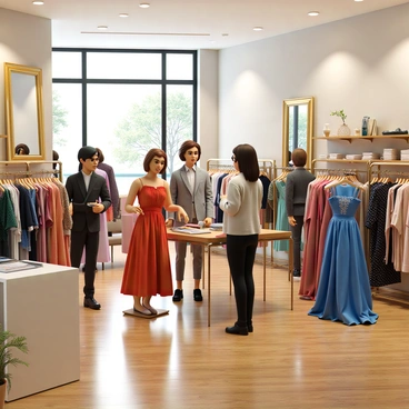 A boutique interior with soft lighting and elegant decor, showcasing a variety of dresses on sale. The dresses are arranged on stylish racks, featuring different colors and styles including floral patterns, solid colors, and evening gowns. Several shoppers are browsing through the selection; a woman with curly hair is holding a red dress, while another woman with straight hair is examining a blue gown. A sales associate stands nearby, ready to assist customers. The floor is polished wood and the walls are adorned with mirrors and decorative elements.