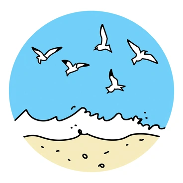 A group of seagulls in flight, their wings spread wide, silhouetted against a clear blue sky. Below them, waves crashing against a sandy beach, creating a frothy white surf. The sand is light beige, marked by ripples leading towards the water's edge. The scene captures the dynamic motion of the birds and the fluid movement of the waves.