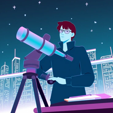 An astronomer with short brown hair and glasses is standing beside a large telescope mounted on a sturdy tripod. They are wearing a dark blue jacket and have a visible frown on their face. The astronomer is peering through the telescope with a frustrated expression, while a notebook and a pen rest on a nearby table. In the background, a bright city skyline is visible, with numerous glowing lights from buildings and streetlights casting a warm glow that conflicts with the darkness of the night sky. The sky above is dotted with a few faint stars, barely visible due to the urban light pollution.