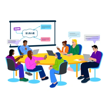 An illustration depicting a conference setting with multiple participants engaged in conversation. In the foreground, there is a large screen displaying a diagram of an "LSTM model" with arrows indicating data flow. Around the screen, diverse attendees from various backgrounds are seated at tables, each using devices like laptops and tablets. Speech bubbles emerge from each participant, showing translated text in different languages. The atmosphere is dynamic, with a sense of collaboration and technology integration, highlighting the function of the LSTM model in facilitating real-time language translation.