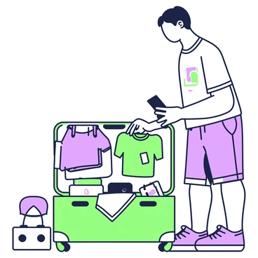 A man is standing next to an open suitcase on the floor, preparing for his upcoming vacation. He is placing travel essentials inside the suitcase. There is a folded map with marked locations, resting on top of various clothing items like a rolled-up shirt and a pair of shorts. Next to the clothing, he has placed a travel-sized toiletries bag and a pair of sunglasses. A portable charger and a camera are also visible, positioned neatly in the suitcase. The man is wearing a casual t-shirt and shorts, with a focused expression as he checks off items from a list on his phone.