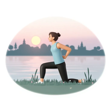 A person, wearing a light blue tank top and black leggings, is performing a lunge exercise by a calm riverbank. The individual has short brown hair tied back and is focused on their posture. In the background, soft waves gently lap against the shore, with the sun setting on the horizon, casting warm hues of orange, pink, and purple across the sky. Silhouettes of trees line the riverbank, adding to the tranquil atmosphere. The ground is covered in green grass, with a few wildflowers dotted around, creating a serene environment.