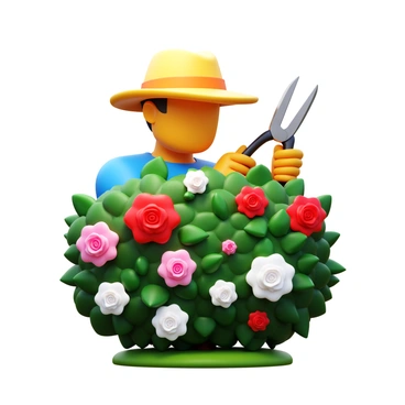 A gardener with a sun hat is delicately pruning a rose bush. The gardener's hands are holding a pair of pruning shears, meticulously making precise cuts on the vibrant, blooming roses. The rose bush is lush, with deep green leaves and various shades of red, pink, and white roses. The gardener's expression is one of concentration, showing dedication to maintaining the health and beauty of the plant. Sunlight filters through the leaves, creating dappled shadows on the ground around the gardener.