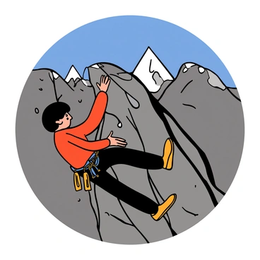 A climber with light skin and short black hair is scaling a rocky mountain face. The climber is wearing a bright red climbing jacket, black climbing pants, and a harness, with climbing gear attached. The rocky surface features rugged textures and sharp edges. In the background, a panoramic view showcases distant snow-capped peaks and a clear blue sky. The sunlight casts shadows on the rocks, highlighting the climber's determination and the vastness of the landscape around them.