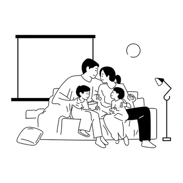 A family of four is snuggled up on a large couch, wrapped in a thick blanket. The father, wearing a casual t-shirt and jeans, is sitting on one end, holding a bowl of popcorn. Beside him, the mother is leaning into him, dressed in comfortable pajamas, with her hair tied back. The two children, a boy and a girl, are sitting together in the middle, both in cozy loungewear. The boy is reaching into the popcorn bowl while the girl is looking up, smiling. A large screen in front of them displays a movie scene, casting light onto their faces. The room is filled with a cozy atmosphere, with soft cushions scattered around and a warm glow from a nearby lamp.