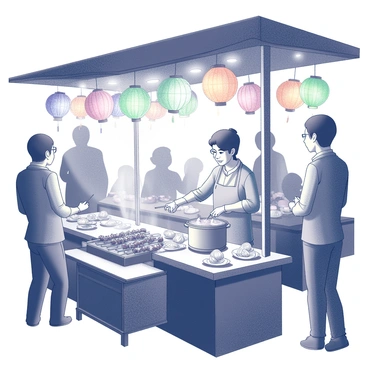 A street food vendor stands behind a brightly lit stall, serving a variety of dishes. The vendor is busy placing skewers of meat on a grill, with smoke rising from the cooking food. Next to the grill, a steaming pot is filled with dumplings, and the vendor is using a pair of chopsticks to serve them onto small plates. The scene is bustling with customers eagerly waiting in line, while colorful paper lanterns hang above, illuminating the night market atmosphere. Tables are scattered around, with people enjoying their meals, creating a lively yet cozy environment.