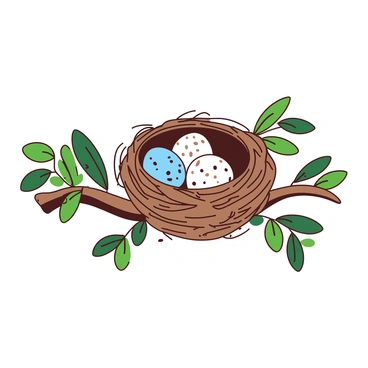 A white delicate bird's nest is nestled securely on a brown tree branch. The nest is intricately woven with twigs and soft materials, creating a cozy appearance. Inside the nest, there are three speckled eggs, showcasing various shades of blue and brown in their patterns. Surrounding the branch, vibrant green leaves add a lively contrast to the scene, enhancing the natural setting of the nest.