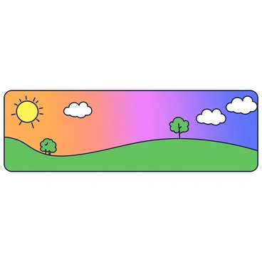 A landscape featuring a broad horizon that transitions from warm orange and pink hues at the left side to cool blue and purple tones at the right side. On the left, the sun is depicted as a bright yellow circle just above the horizon, casting rays of light. In the center of the image, the sky blends smoothly from bright daylight into a soft evening glow, showcasing fluffy white clouds. On the ground, rolling green hills are dotted with simple trees, their shapes silhouetted against the sky. As the scene moves from left to right, shadows lengthen, implying the passage of time from morning to evening.