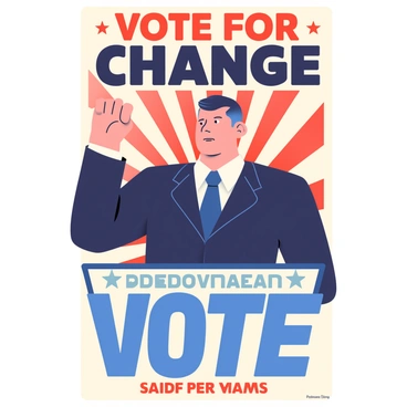 A vintage-style political poster displays a candidate with a strong stance. The candidate has short dark hair and is wearing a tailored suit with a crisp white shirt and a navy blue tie. Behind the candidate, bold graphics feature alternating stripes in red and blue. The candidate is gesturing confidently with their right hand raised. The words "Vote for Change" are prominently displayed in an eye-catching font at the top of the poster, while the candidate’s name appears in large text at the bottom. The overall design incorporates stars and a sunburst pattern that enhances the vintage aesthetic.