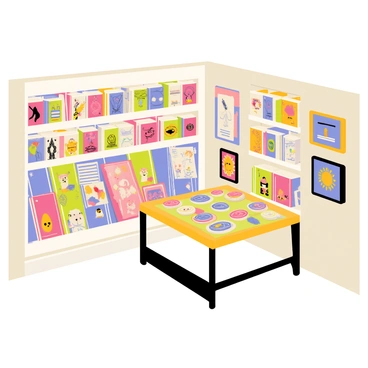 A souvenir shop filled with various quirky items related to illustrations. The shop features shelves stocked with colorful mugs adorned with cartoon characters and whimsical designs. There are notebooks with vibrant covers, each showcasing unique illustrations. The walls are decorated with framed art prints that depict playful scenes. A small display table at the center showcases an assortment of stickers and pins featuring illustration themes. Soft lighting highlights the charm of the various merchandise, creating an inviting atmosphere for visitors.