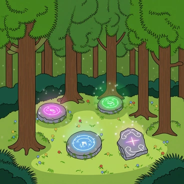 A dense, enchanting forest filled with tall, lush green trees surrounded by vibrant foliage. In the heart of this forest, several ancient runestones are scattered across the forest floor. Each runestone is intricately carved with mysterious symbols, and they emit a soft, magical glow in various colors, illuminating the surrounding area. Small patches of colorful flowers grow around the base of the stones, adding to the mystical atmosphere. Wisps of sparkling light float gently through the air, enhancing the sense of magic and wonder in this serene woodland setting.