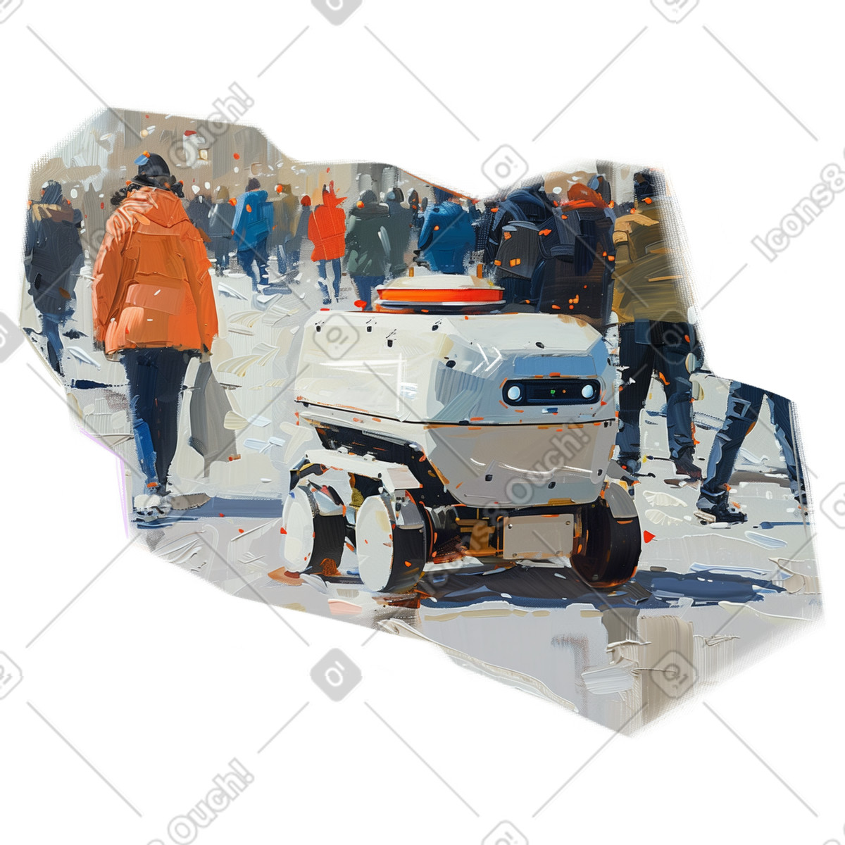 Ilustração de Oil painting of a delivery robot in the city em no estilo Pictorial para baixar em PNG, SVG