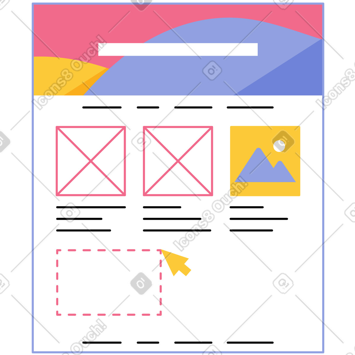 Browser window with website mockup illustration in Juicy style download in PNG, SVG