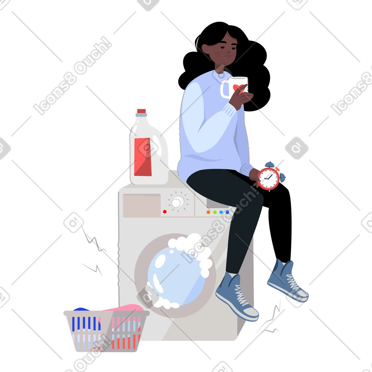 Girl drinking coffee while waiting for the end of the laundry illustration in PNG, SVG