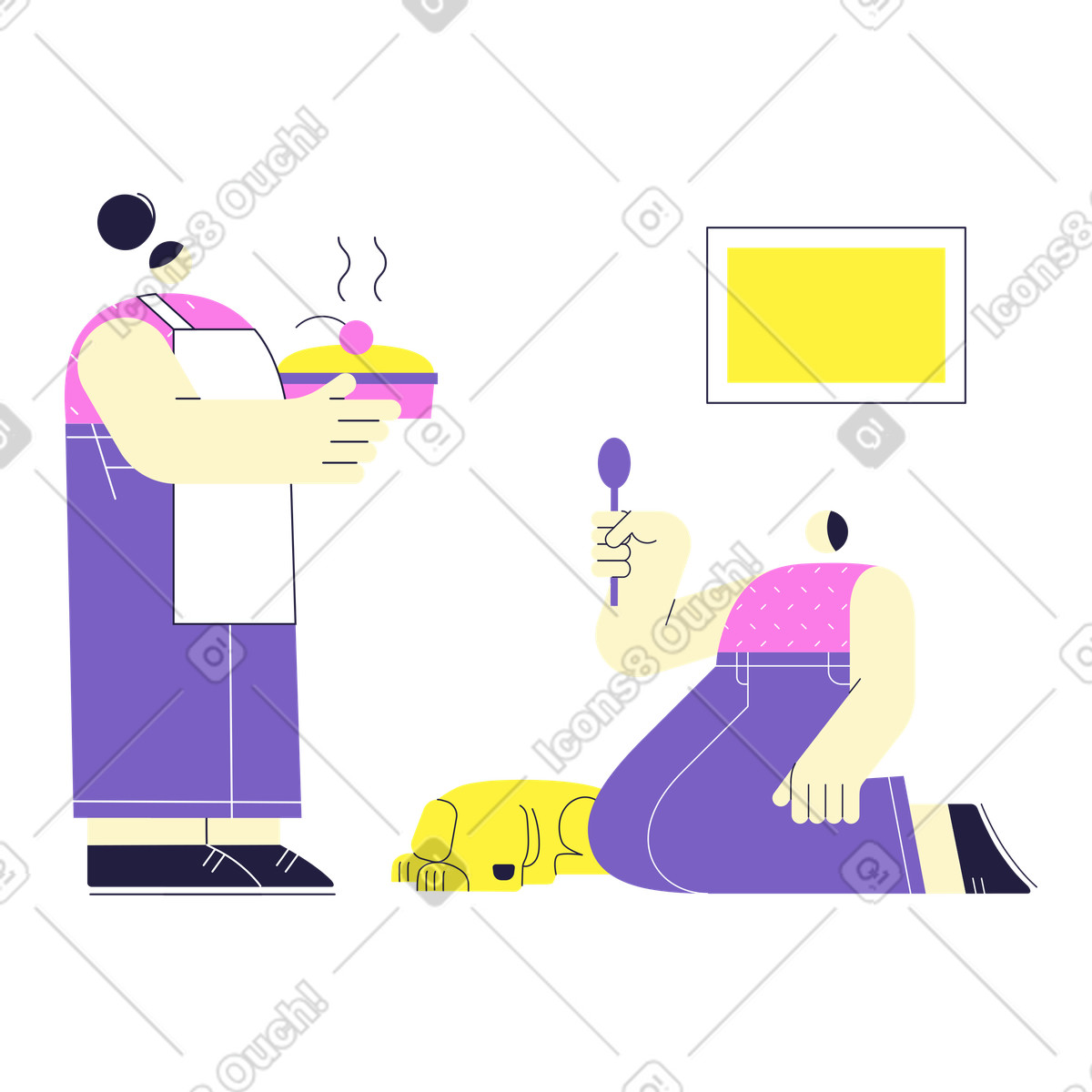 Ilustración Hijo de rodillas esperando comida traída por mamá en estilo Mellow a descargar en PNG y SVG