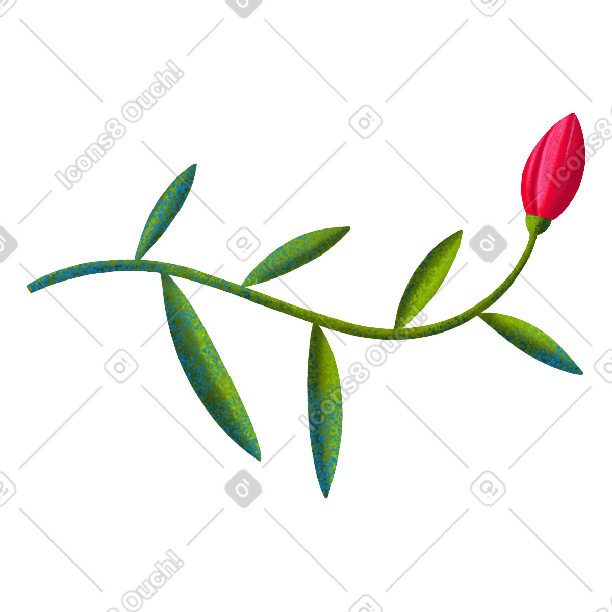 Ilustración Twig with green leaves and a red bud looking up en estilo Lettering descargar en PNG y SVG
