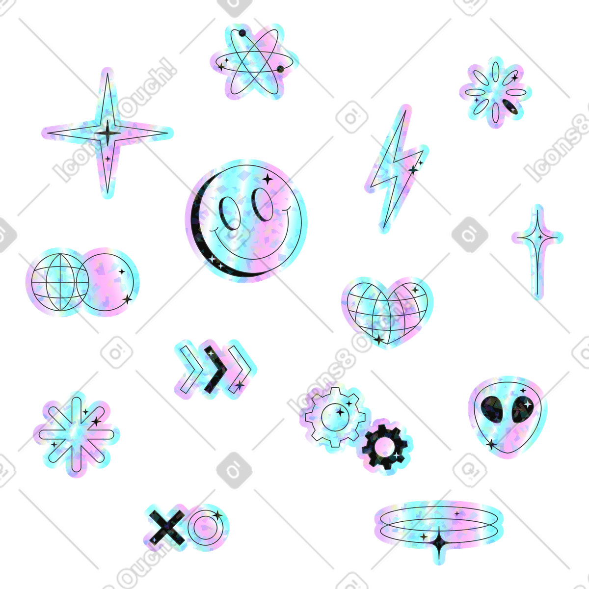 Decorative objects sticker pack illustration in Holostickers style download in PNG, SVG
